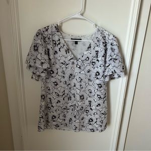 Banana Republic Gray Watercolor Floral Print V Neck Blouse Medium M
